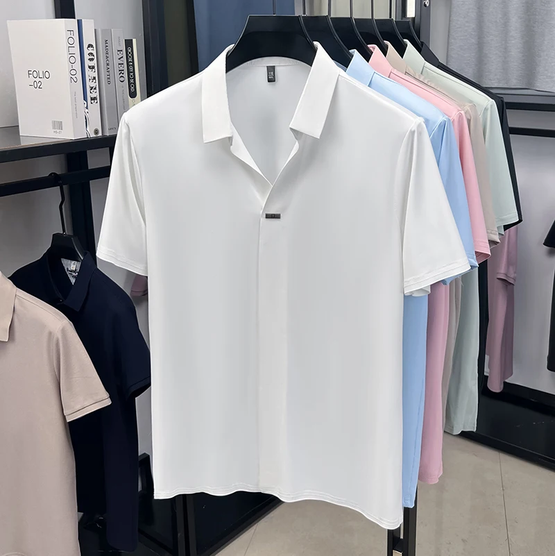 Men'S Polo Formal Wear - เสื้อเชิ้ตแขนสั้นผู้ชายทรงเรียบ ปกแบบเรียบ ติดกระดุมโลหะแบบซ่อน น้ำหนักเบา ใส่สบาย เหมาะสำหรับใส่ทำงาน