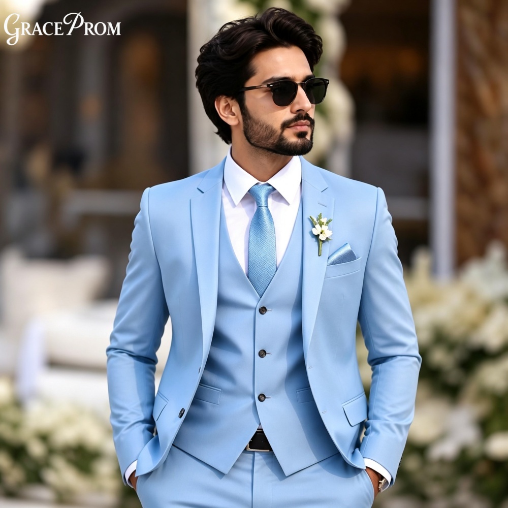 Men'S Formal Evening Wear - ชุดทักซิโด้ผู้ชายสีฟ้าอ่อนหรูหรา 3 ชิ้น ทรงเข้ารูป สำหรับงานแต่งงาน งานเลี้ยง