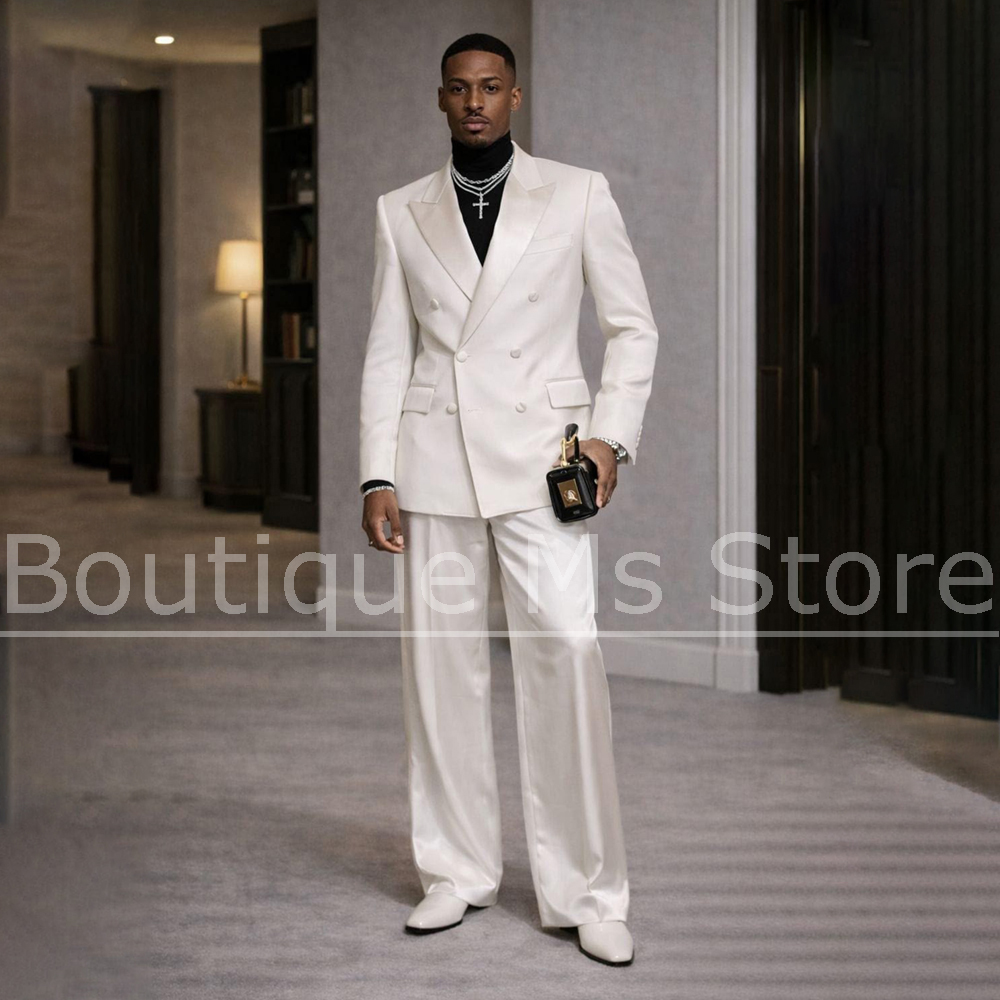 Men'S Formal Evening Wear - ชุดสูทผู้ชายสีขาวผ้าซาติน 2 ชิ้น แบบกระดุมสองแถว ปกแหลม ทรงทันสมัยเข้ารูป