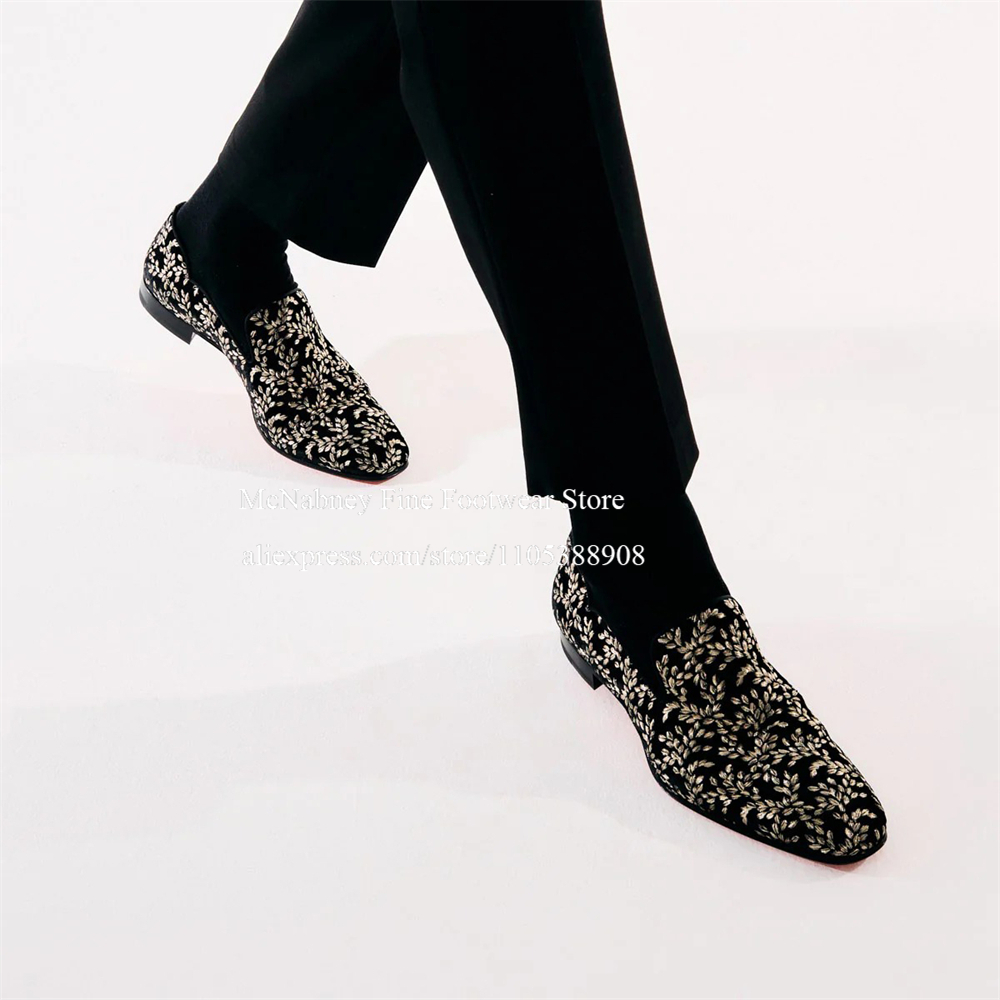 Men'S Formal Evening Wear - รองเท้าโลฟเฟอร์ผ้ากำมะหยี่สีดำสำหรับผู้ชาย รองเท้าปักลายใบไม้ รองเท้าเดรสผู้ชาย รองเท้าคลาสสิก รองเท้าทางการ รองเท้าลำลอง