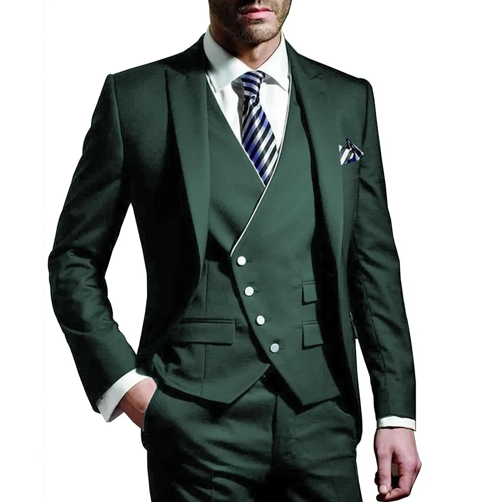Men'S Formal Evening Wear - ชุดสูทผู้ชาย สีเขียวทหาร 3 ชิ้น ชุดเจ้าบ่าว ปกแหลม